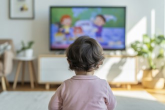 Back view of young child sitting in front of blurry TV screen showing cartoon. Captures screen time