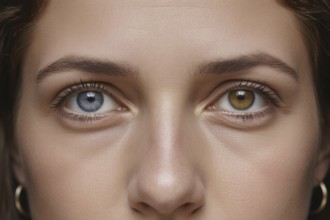 Woman's face showing heterochromia. One blue eye and one hazel eye. Generative ai, AI generated