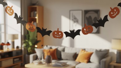 Banner with black and orange Halloween garland with bats and pumpkins hanging in cozy living room.
