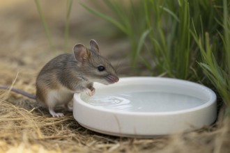 Close up of mouse drinking from white bowl of water in dry garden. Candid wildlife moment during