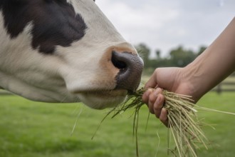 Close-up of human hand feeding cow with green grass. Symbol of animal care, connection to farming,
