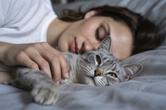Cat lying in bed with sleeping woman, close-up of fur and gentle hand. Expresses deep pet-human