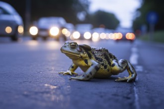 Close up of photorealistic toad crossing street at twilight. Captures wildlife navigating urban