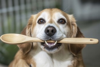 Cute dog holding a wooden cooking spoon in its mouth. Concept of preparing homemade dog food and