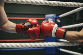 Close up of red boxer's gloved hands touching fists before a spar. Generative ai, AI generated
