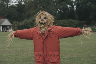 Scarecrow with spooky Halloween face wearing red jacket. Straw figure standing in field as autumn