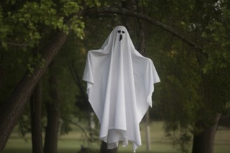 Spooky white sheet ghost Halloween decoration hanging from tree. Concept of spooky seasonal