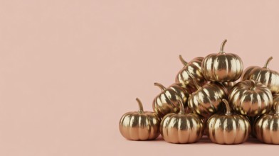 Metallic golden mini pumpkins arranged on pink background. Autumn harvest decoration banner with