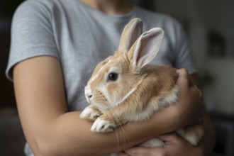 Person holding pet bunny in arms. Symbol of animal care and gentle companionship. Generative ai, AI