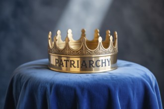 Golden crown with the word Patriarchy resting on blue fabric. Symbol of power and societal