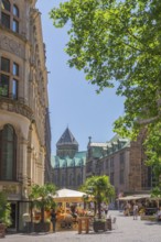 View along Unser Lieben Frauen churchyard, back of the town hall, UNESCO World Heritage Site, tower