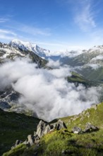 High alpine mountain landscape, mountain panorama with view over the valley of Chamonix, in the