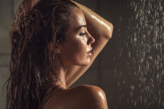 Beautiful attractive woman in the shower applying shampoo to her hair, AI generated