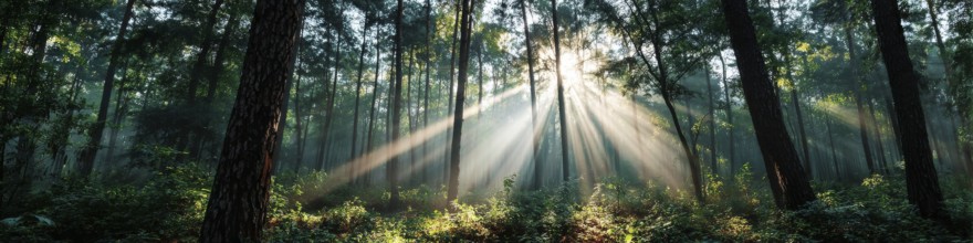 Beautiful rays of sunlight in a green forest shining through trees and tree branches. Concept of