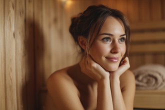 Beautiful lady relaxing in hot steamy sauna. Concept of relaxation in beauty spa, AI generated