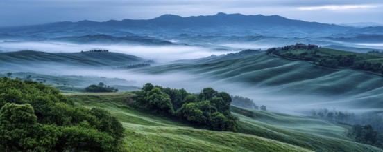 Beautiful foggy landscape in Tuscany, Italy, AI generated