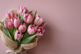 Beautiful composition spring flowers. Bouquet of pink tulips flowers on pastel pink background.