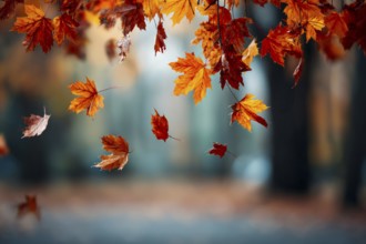 Beautiful autumn landscape with colorful foliage in the park, falling leaves natural background, AI