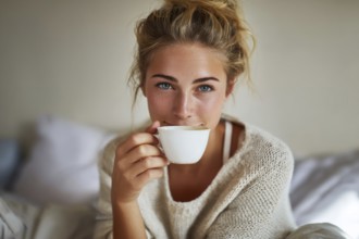 Beautiful young woman drinking tea or coffee while resting at home in comfort in cold weather, AI