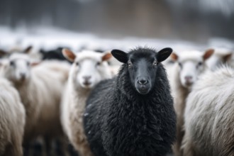 Black sheep sticking among white sheep. Black sheep in the family. Concept of a different person or