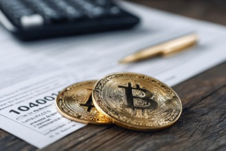 Bitcoin tax or cryptocurrency concept with US tax form 1040 IRS form in Individual Income Tax
