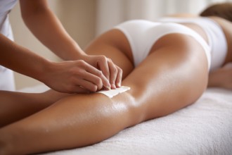 Bikini waxing of a beautiful young attractive woman in a spa. Luxury treatment for perfect skin and