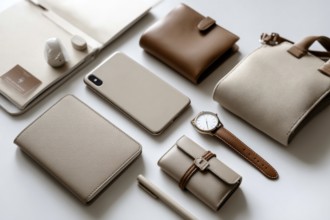 Beige and Brown Leather Accessories Flatlay. Modern business and lifestyle fashion accessories.