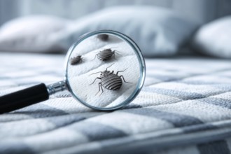 Bed bugs and dust mites concept with the magnifying glass. Allergy and old linen that contains