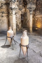 Old amphoras at Banys Arabs Baths a historic site with Islamic architecture, Palma de Mallorca,
