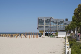 Swimming pool and beach chairs on the sandy beach, Laboe, Baltic resort, Fjord, Baltic Sea, North