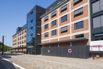 Lensing Media Port, glass facade, Speicherstraße, harbour, Dortmund, Ruhr area, North