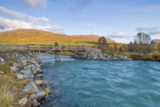 River Soja in Jotunheimen National Park, glacier river, evening light, blue sky, Gudbrandsdalen,