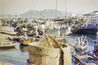 People living on boats, sampans and junks in harbour, Aberdeen, Hong Kong, Asia 1965