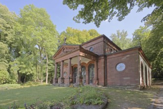 Carolinensaal built in 1763, building with columns and cross, Alter cemetery, Pirmasens,