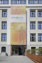 Entrance with banner to the Dynamikum Museum, building, window, Rheinberger, Pirmasens,