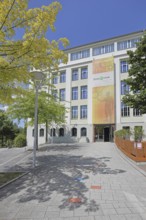 Entrance with banner to the Rheinberger and Museum Dynamikum, building, Pirmasens,