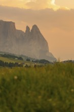 Baroque mountains at sunset in a peaceful landscape, Alpe di Siusi, Dolomites, South Tyrol, Italy