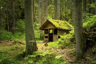The Rötenbachschluchthütte in the forest, with moss on the roof, Rötenbachschlucht, Upper Black