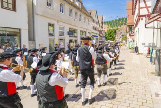 Music band in traditional costumes marching through a sunny village during a parade, 950 years