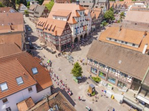 Central square in a town, surrounded by half-timbered houses and people, 950 years of Calw, Calw