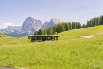 Green bus crosses the meadow landscape with mountains in the background, Alpe di Siusi, Dolomites,