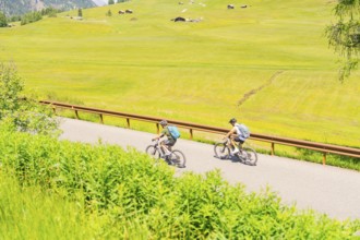 Two cyclists on a road leading through a vast green landscape, Alpe di Siusi, Dolomites, South