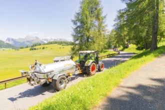 A tractor drives on a road in the middle of a green and sunny mountain landscape, Alpe di Siusi,