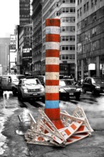 Construction site with chimney for exhaust air at an intersection, black and white, New York City,