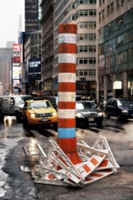 Construction site with chimney for exhaust air at an intersection, New York City, USA
