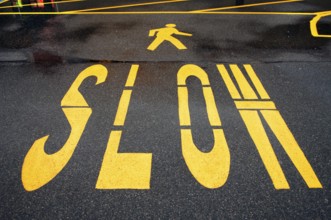Traffic sign Slow, slow, attention pedestrians, New Jersey, USA