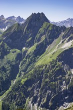 Mountain panorama from Laufbacher-Eckweg to Höfats, 2259m, Allgäu Alps, Allgäu, Bavaria, Germany