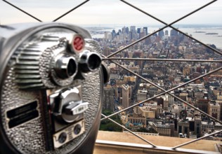 View of Down Town in rainy weather from the Empire State Building, left telescope, New York City,