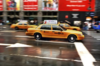 Yellow Caps, New York taxis in the rain, New York City, USA