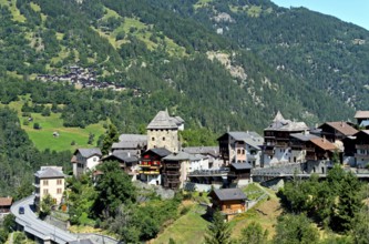 Valais village of Vissoie with the medieval Tour d'Anniviers tower, Vissoie, Val d'Anniviers,